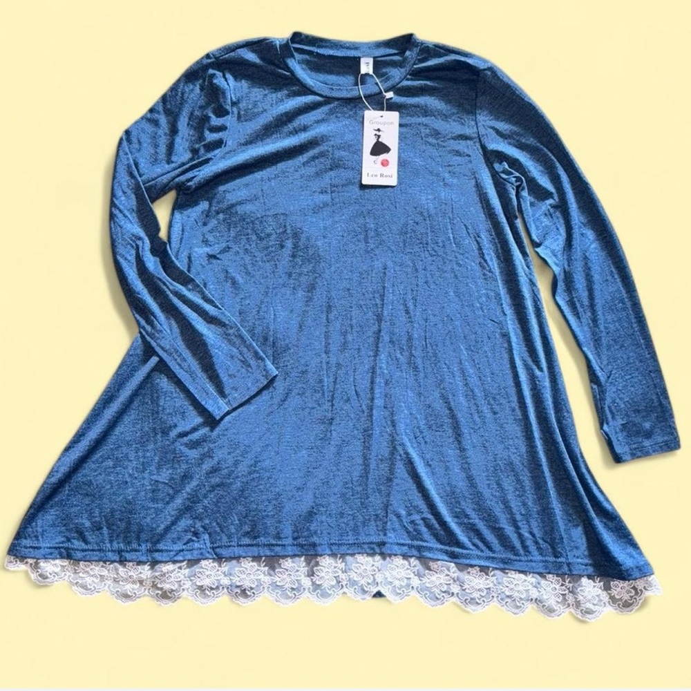 Blue Long Sleeve Dress with Lace Hem